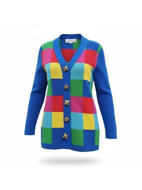 Sweaters - Vtg 80s Ami Knits Petites Colorblock Cardigan Sweater Womens 6 Multicolor Plaid